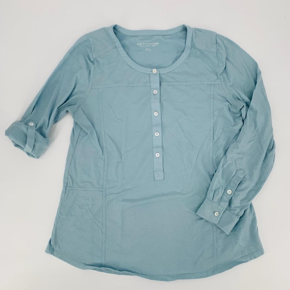 Soft Surroundings Light Blue Henley Roll-Tab Sleeve Top